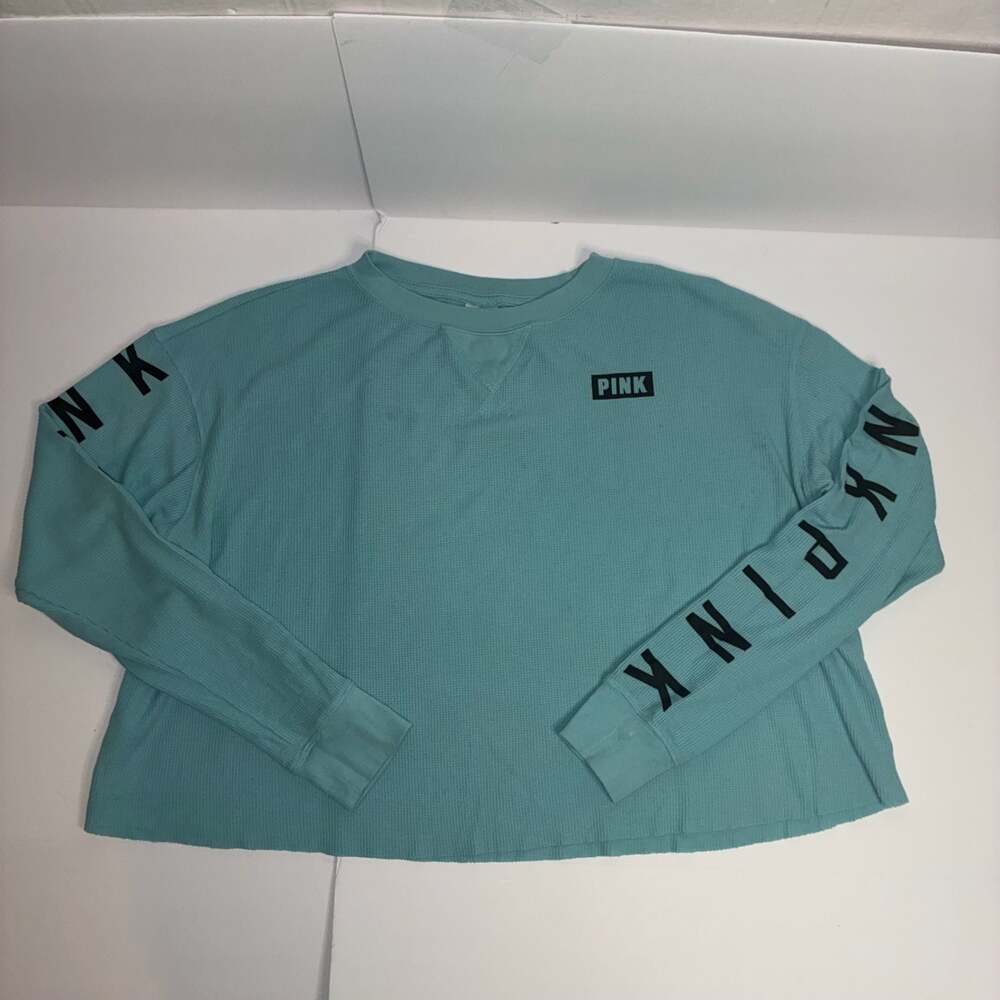 PINK Victoria's Secret Women Blue Cropped Waffle Knit  Long Sleeve Size M